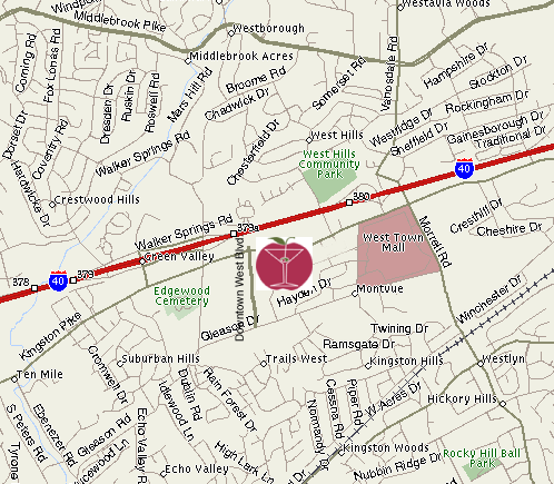 East Tennessee map showing the Professional Bartending School of Knoxville campus location.